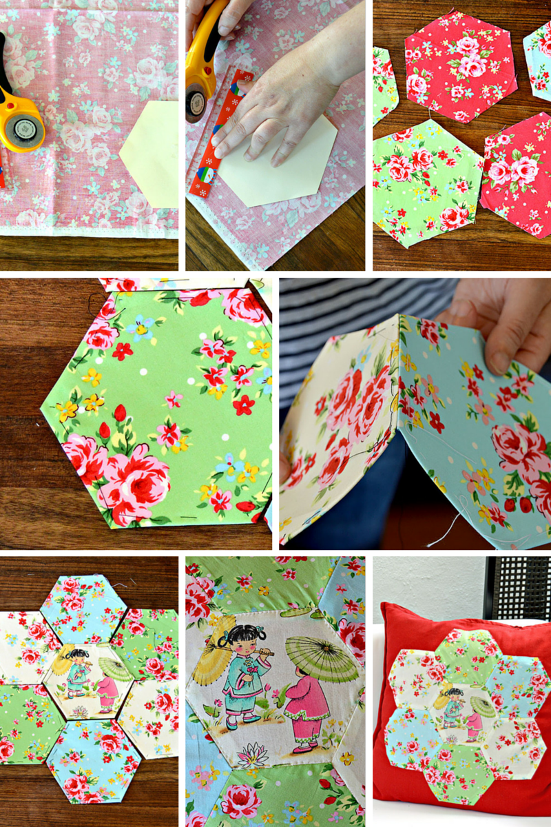 Chinoise Applique Hexagon Patchwork Cushion Pillar Box Blue