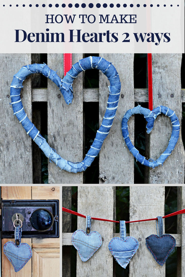How to upcycle your old jeans to make rustic denim hearts 2 ways.  A lovely wreath decoration and cute padded denim heart keyrings.  Great as decorations or gifts for valentine's day, Christmas or whenever.