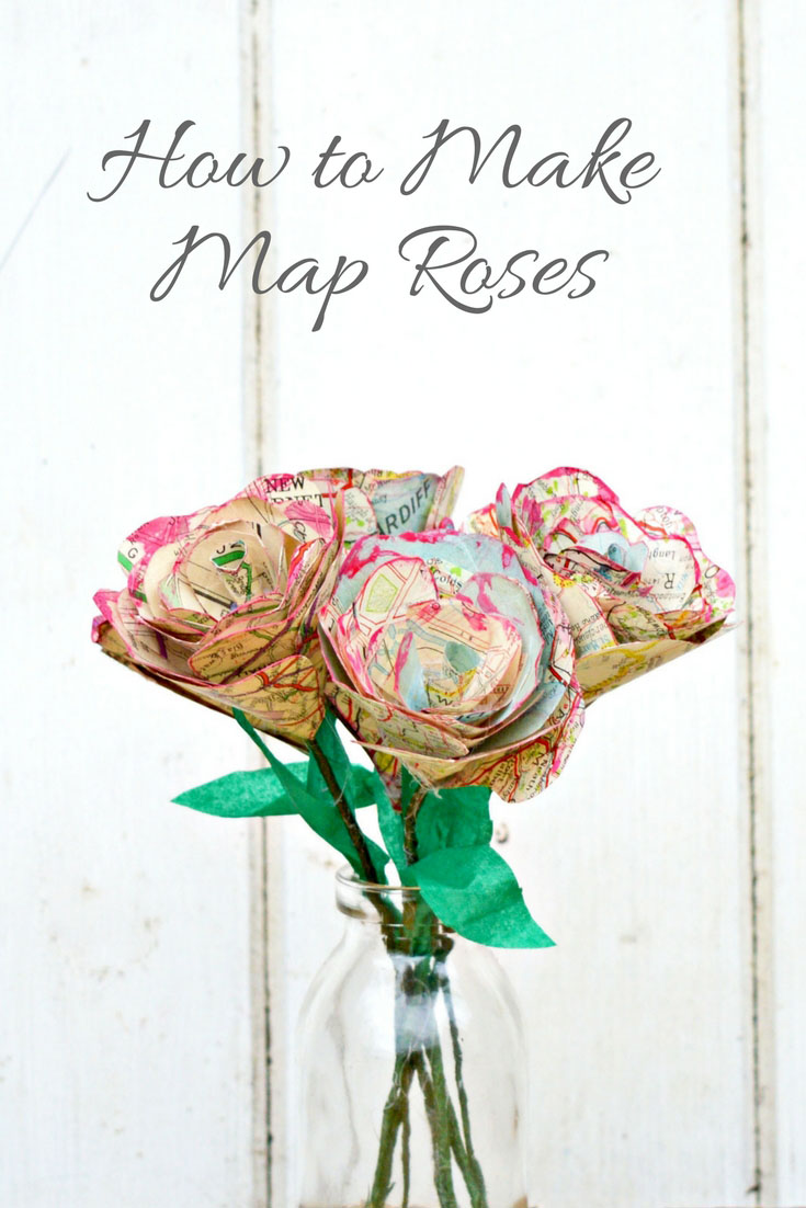 Step by step tutorial on how to make this gorgeous table decoration of map roses.  They also make a great Valentine's gift as you can personalize with the maps.