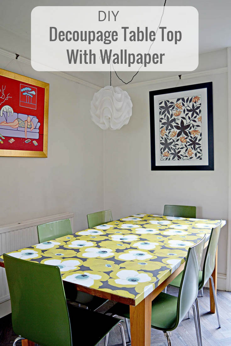 DIY tutorial on how to decoupage a table top with mid century modern wallpaper.