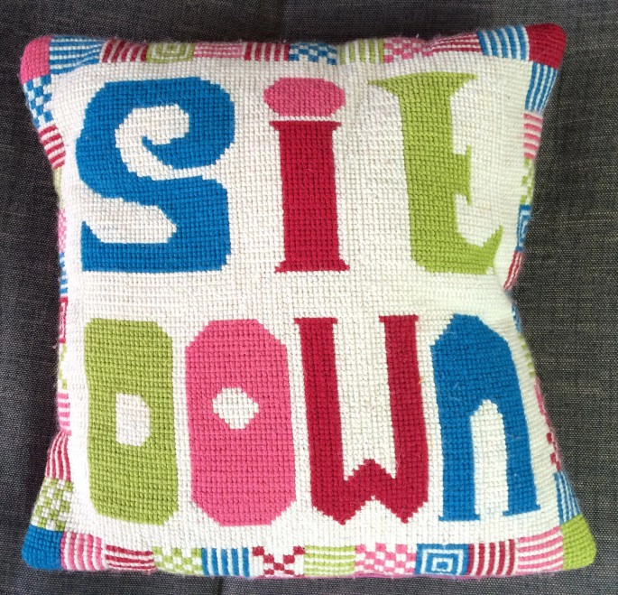 Make this fun supersized cross stitch pillow and add some humour to your sofa.  Unique free pattern.  