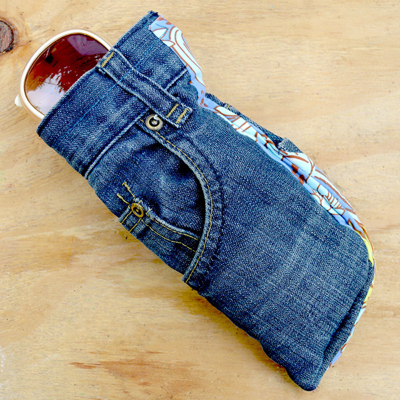 finished upcycled jeans DIY sunglasses case