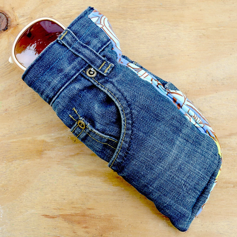 finished upcycled jeans DIY sunglasses case