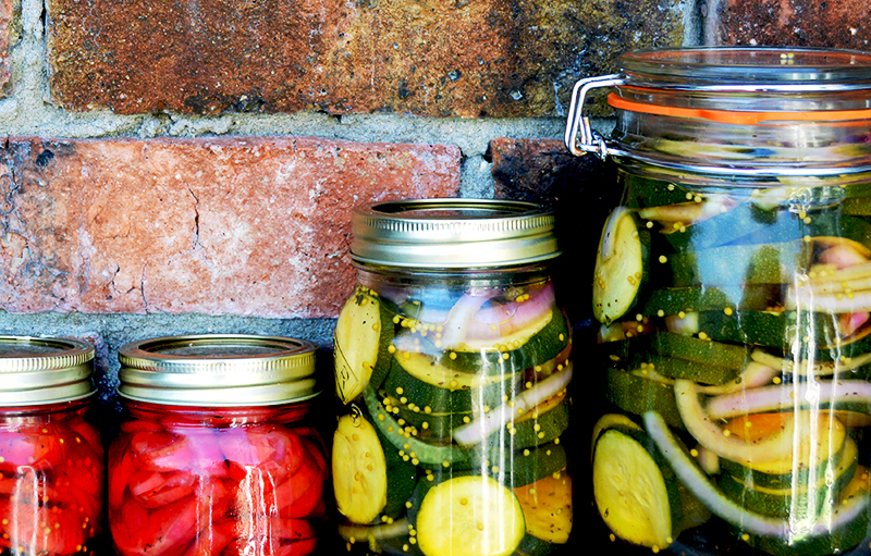 Homemade pickled radishes and courgettes