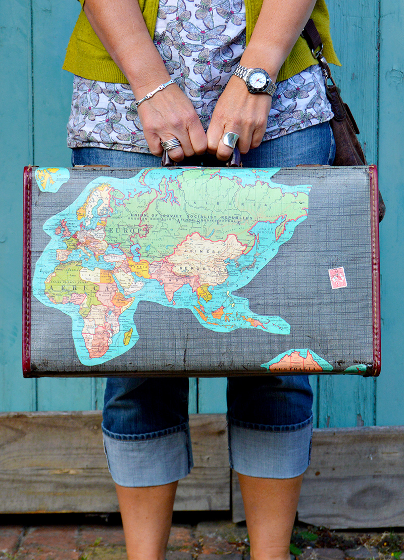 Upcycled vintage map suitcase - Wait till you see the inside it's even better.  Full Tutorial