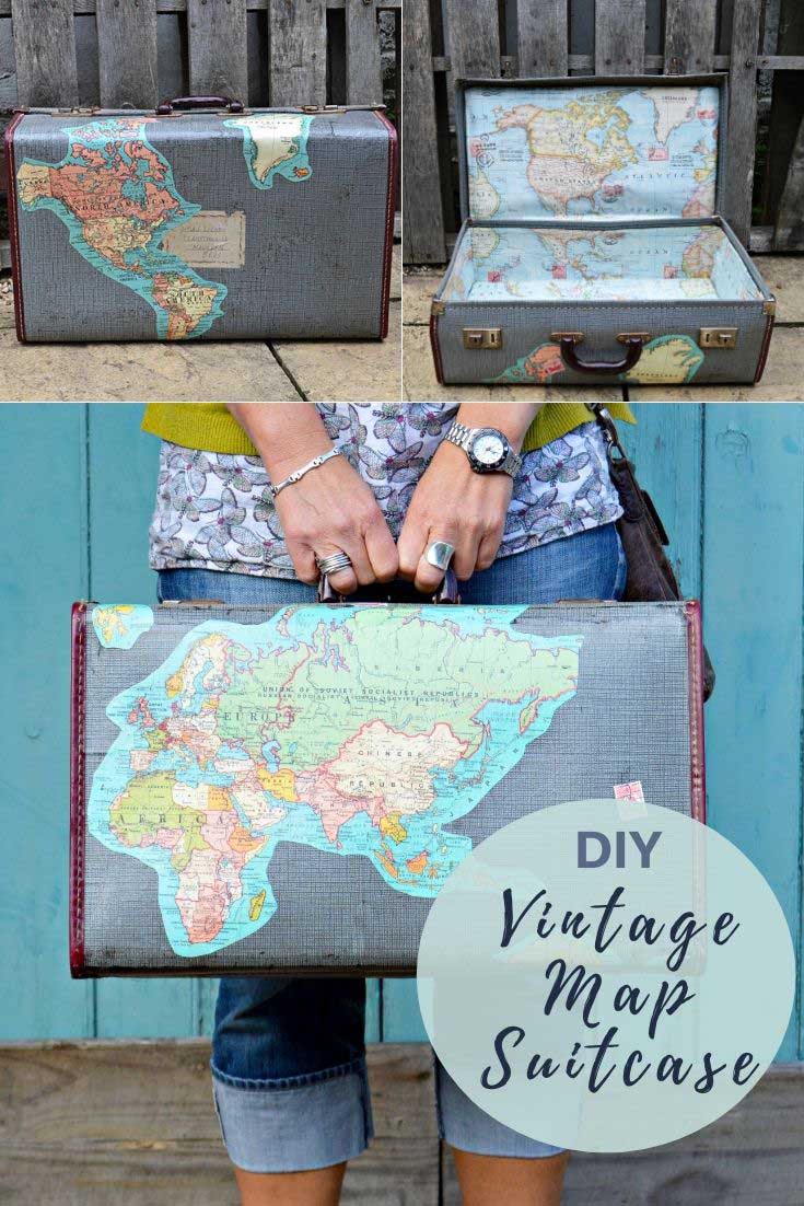 How to upcycle a vintage suitcase with maps