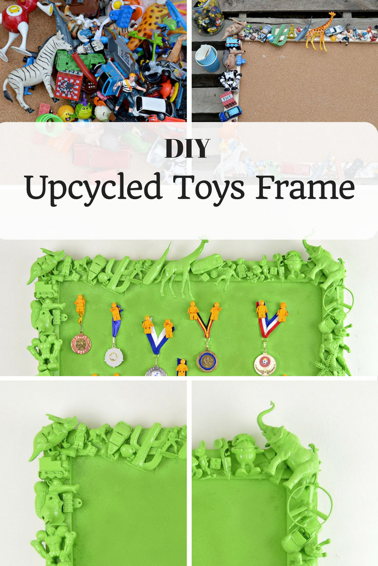 Instead of throwing away your kids old and broken toys, upcycle them to make a fantastic and unique toys frame for their room.  