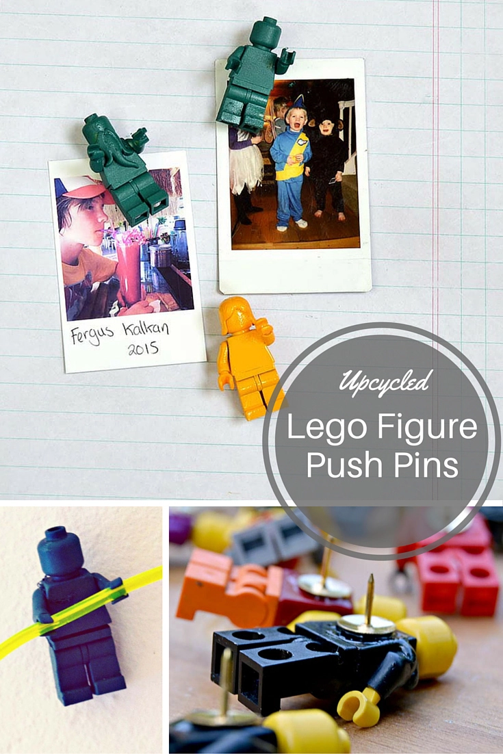 Upcycled Lego Figure push pins.  Not only do they look fun, but have the special handy feature where the hands can hold wire and string. 