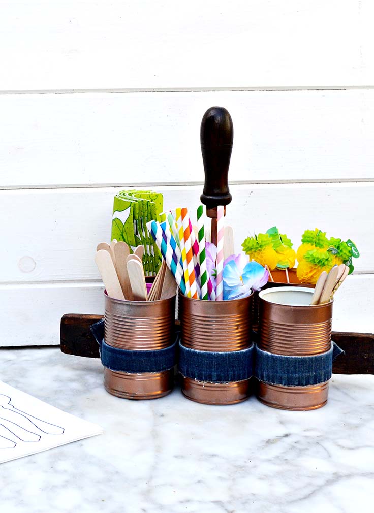 Easy diy copper and denim caddy made from old tin cans and scraps of  denim