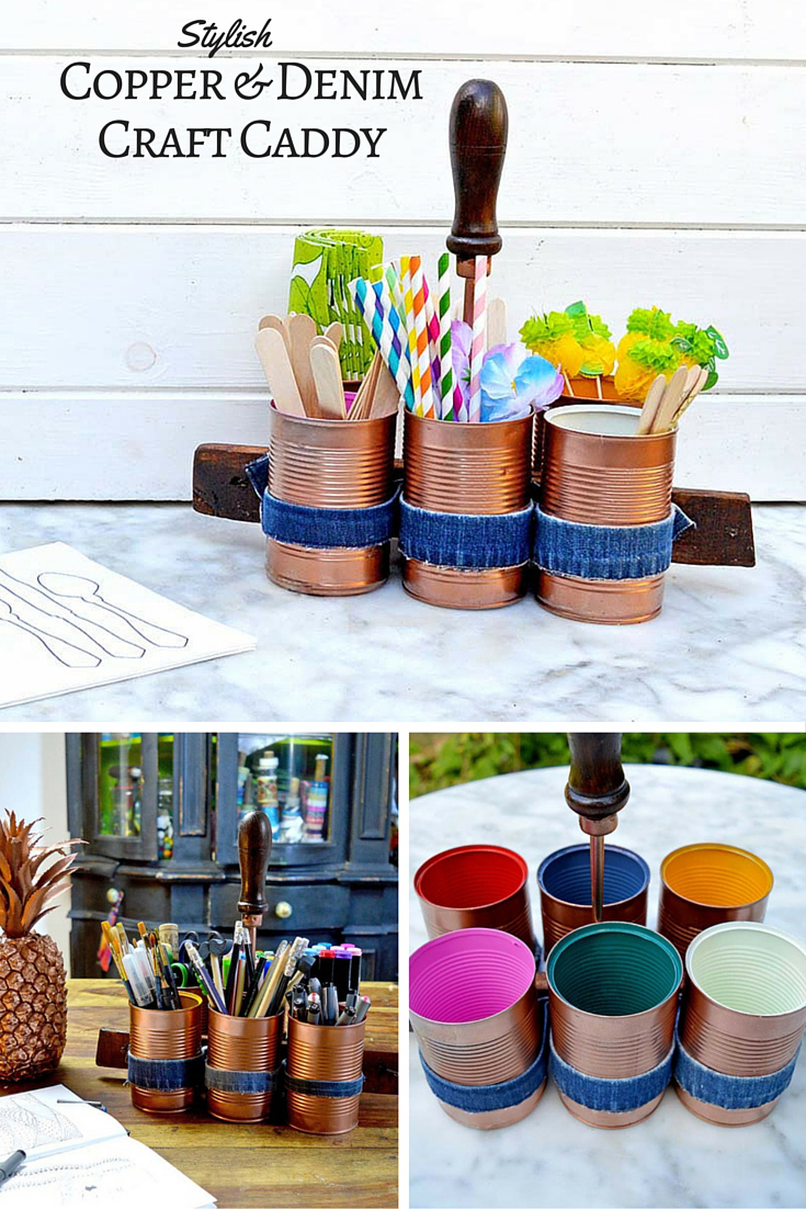 DIY stylish copper and denim craft caddy, using tin cans. Or you could use it as a picnic caddy.