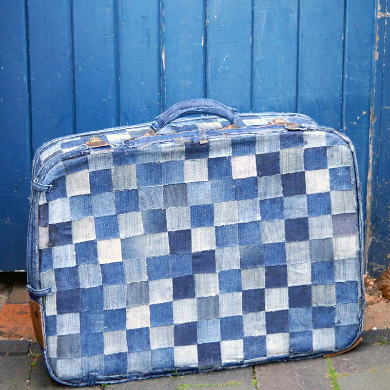No Sew patchwork denim suitcase tutorial