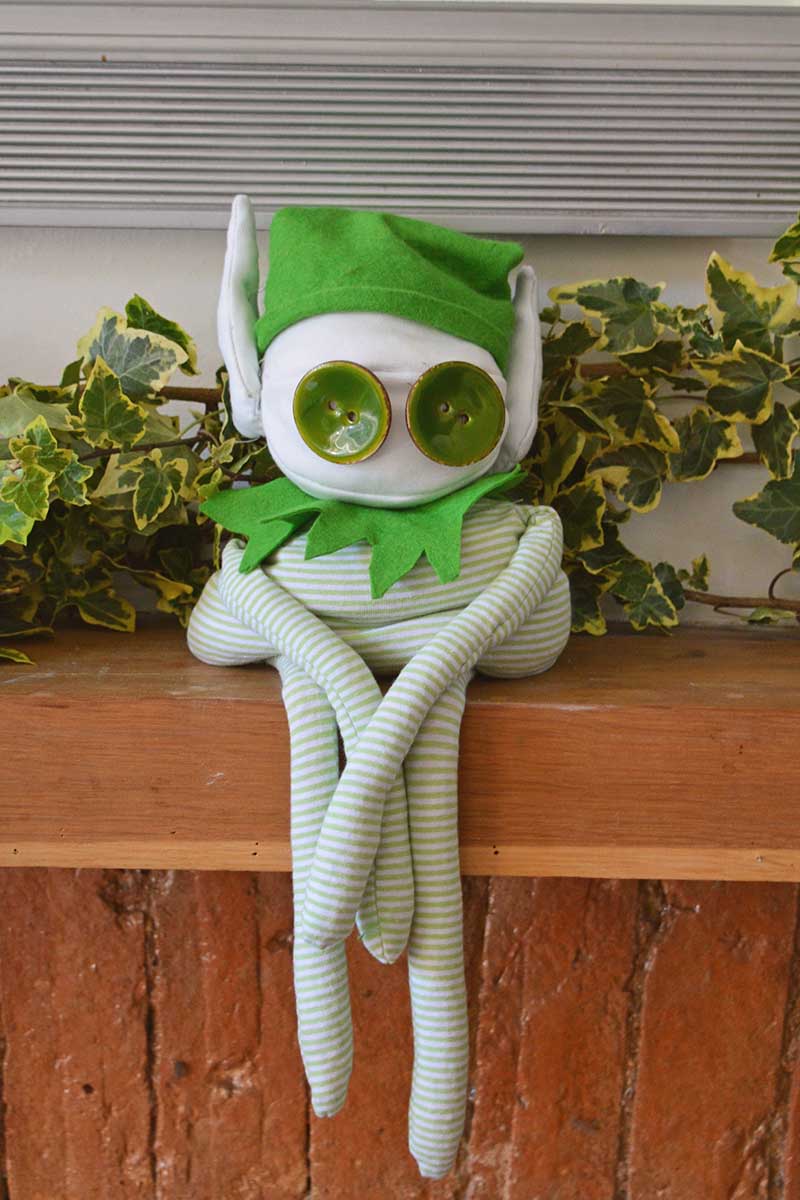 Finished upcycled t-shirt elf plushie from free pattern