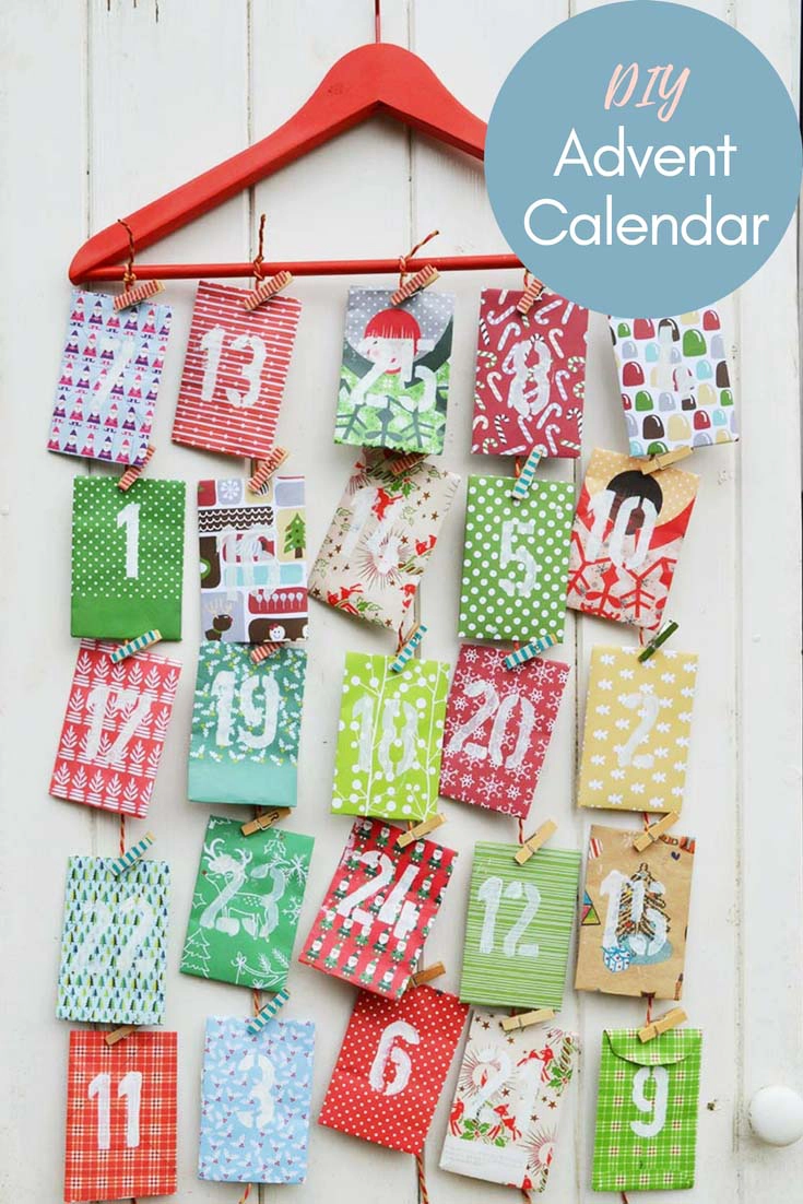 Free template to make a paper envelope advent calendar. Upcycle Christmas wrapping paper or use craft paper to make the envelopes and fill them with your own choice of treats and a daily Christmas joke for extra smiles.