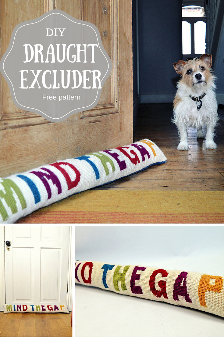 Make this funky diy draught excluder - includes free supersized cross stitch (needlepoint) pattern.