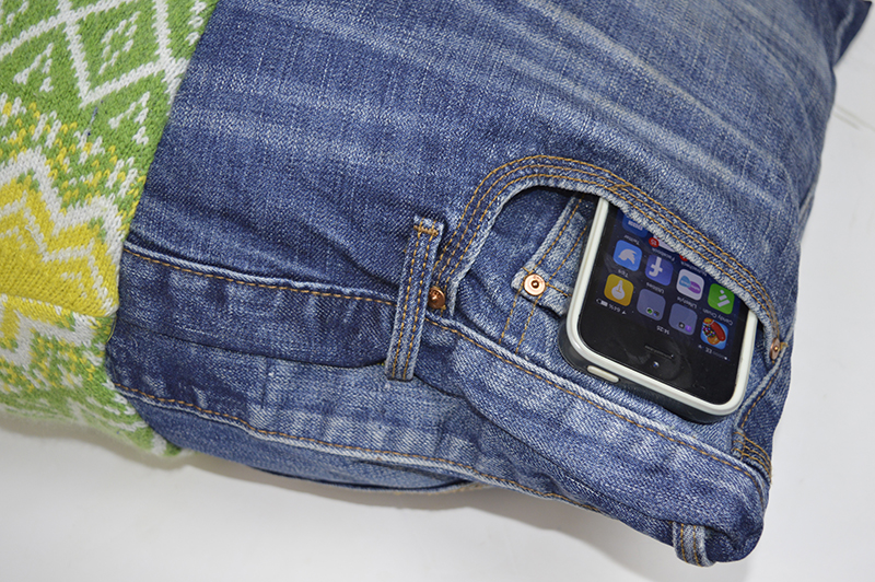 Upcycled denim iphone pocket pillow