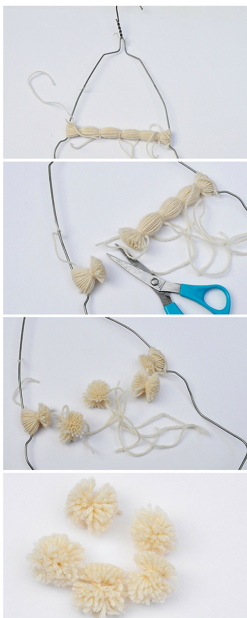 A really easy way to make more than one pom pom at a time using a coat hanger.