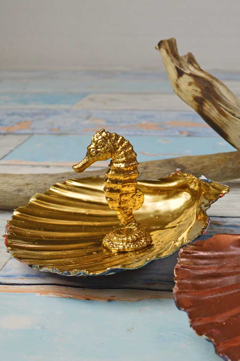 Gold seahorse scallop shell jewellery dish