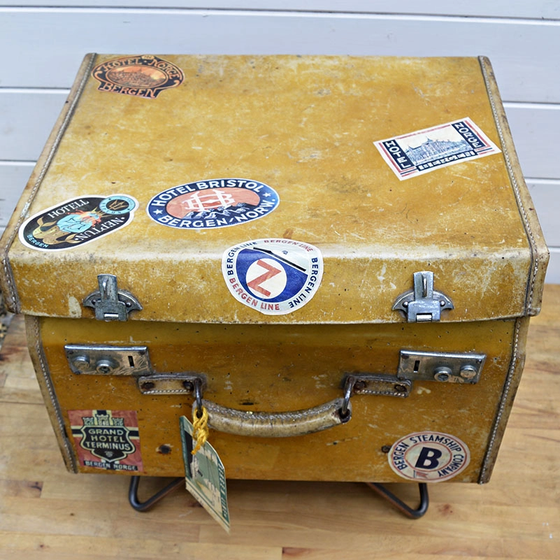 Upcycled Vintage suitcase side table - with free luggage label printables.