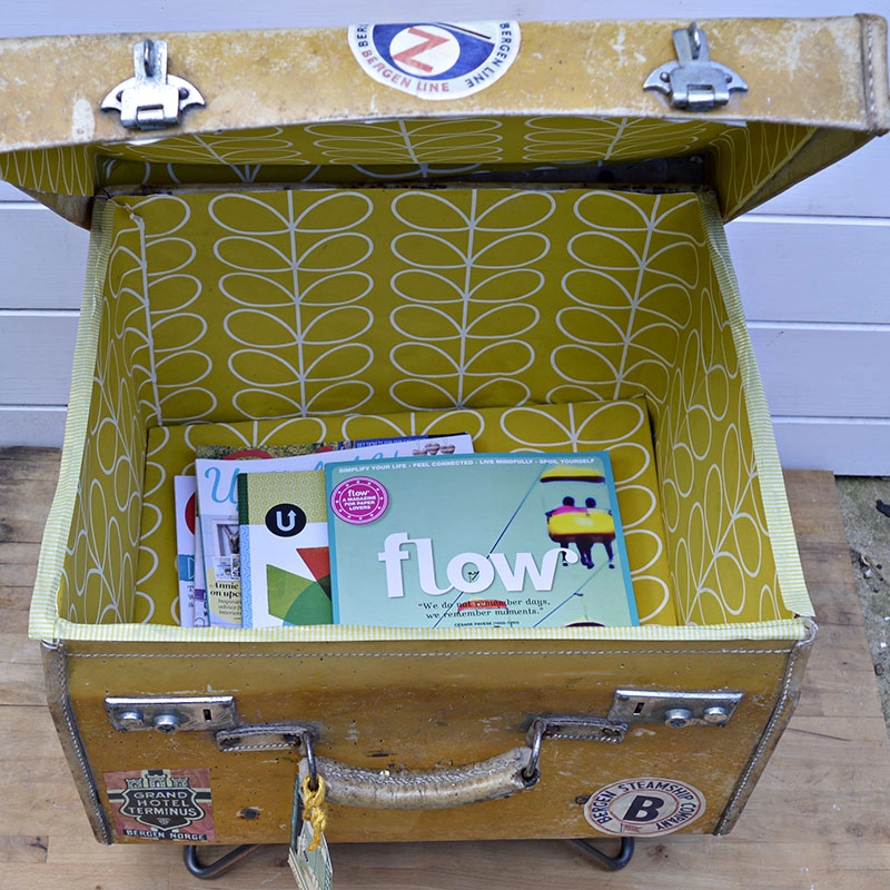 Upcycled vintage suitcase side table and storage - Pillarboxblue.com