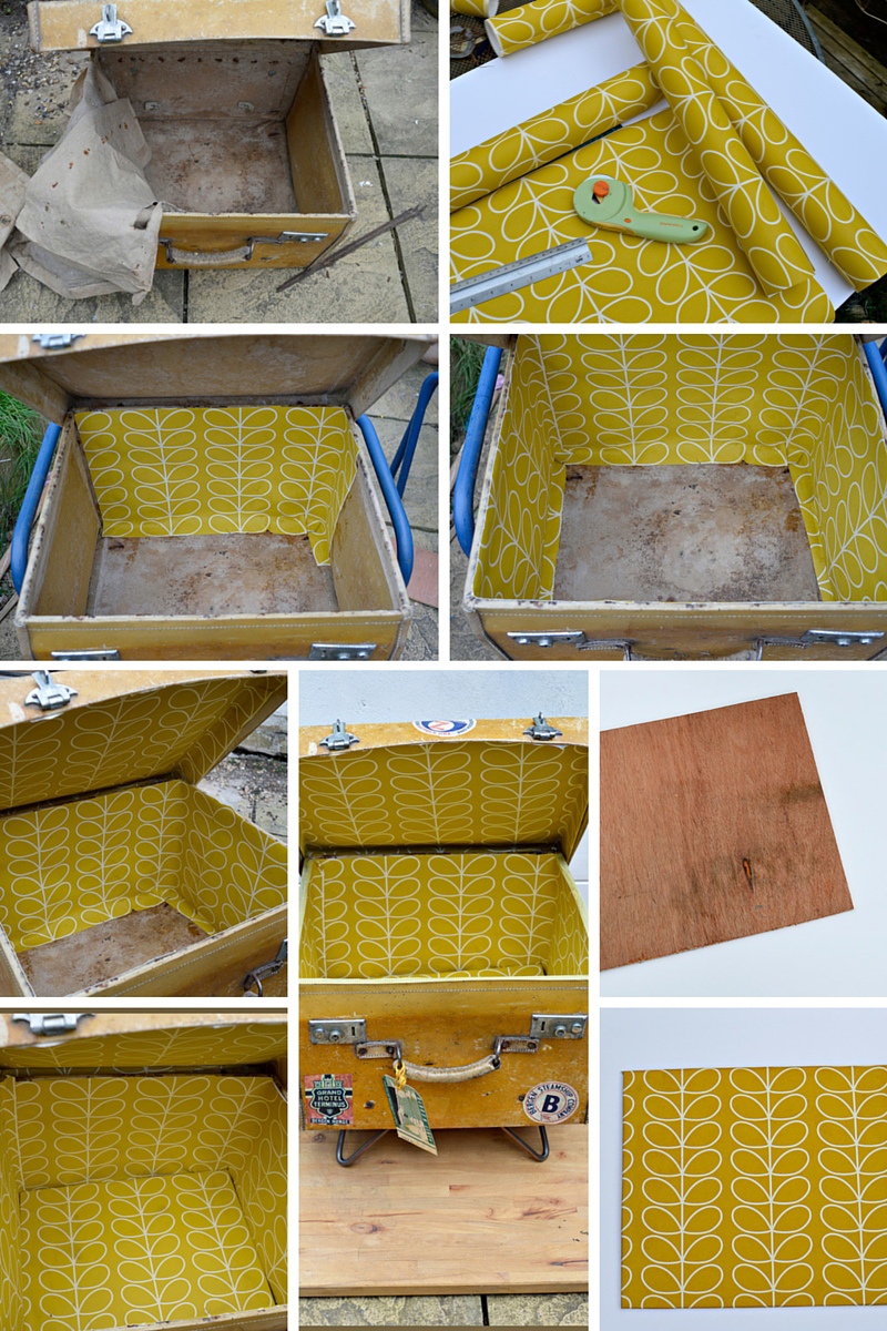 Lining a vintage suitcase with wallpaper - Pillarboxblue.com