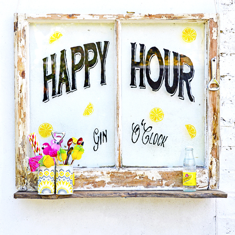 Happy Hour Upcycled Window - Free template and instructions including the cocktail caddy