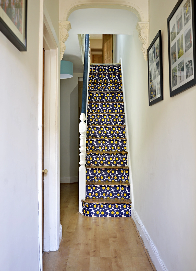 Marimekko Stairs - Transform you stairs with wallpaper step by step tutorial