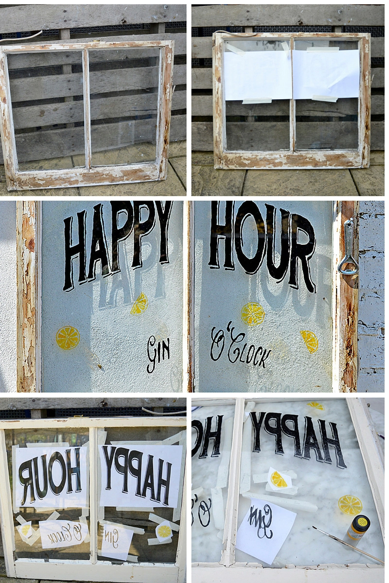 Happy Hour upcycled window - Pillarboxblue.com