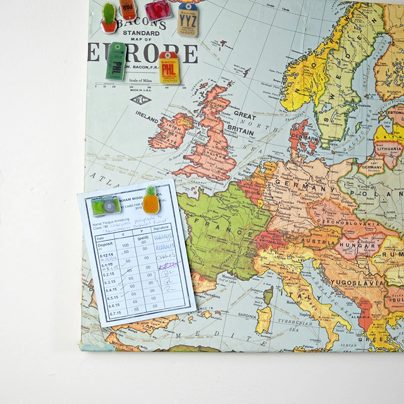 Upcycled map magnetic pin board and shrink plastic pins
