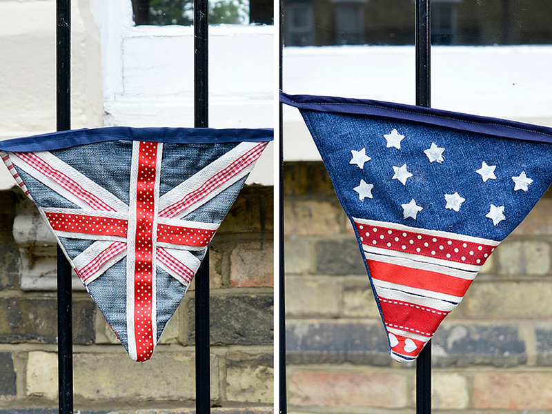upcycled denim bunting in union jack and stars and stripes flag design