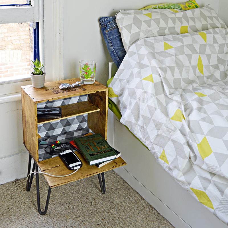 DIY Nightstand- Make a bedside table from a wine box.  Full tutorial