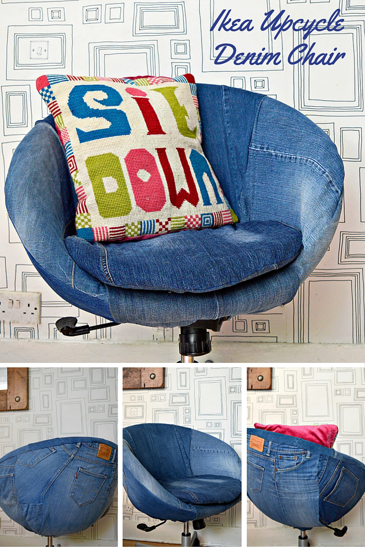 Ikea Hack. Revamp a boring Ikea Office chair by upholstering it in denim.  It is a lot easier than you think.  Step by step tutorial.