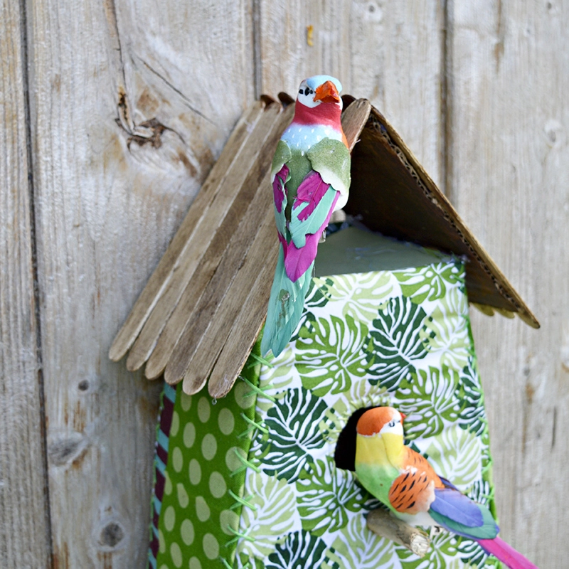 Tropical Fabric Birdhouse - Fun decoration, easy to make with free pattern and tutorial.