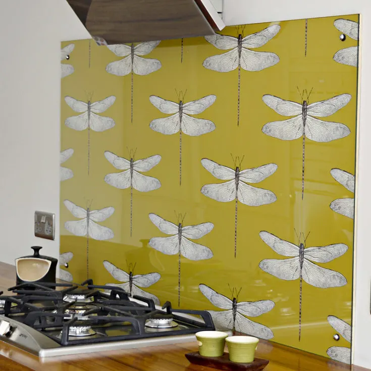 DIY Splashback with wallpaper. Create a statement piece with a designer wallpaper splashback in your kitchen. Easy to change when you fancy something different.
