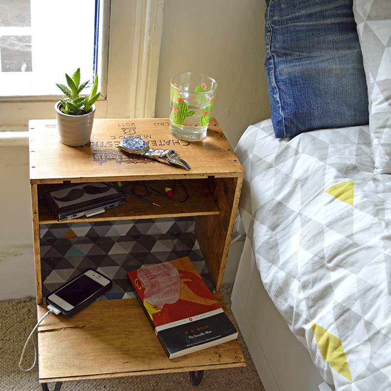 DIY Nightstand.  This nightstand is so easy to make from a wine crate. It looks good and is really useful with the extra shelf.  Full tutorial.