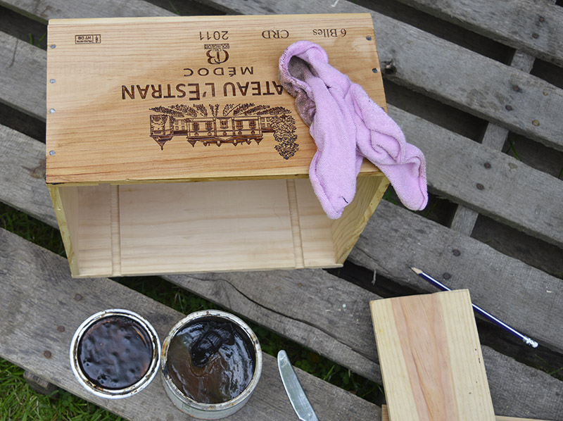 DIY nightstand waxing wine crate