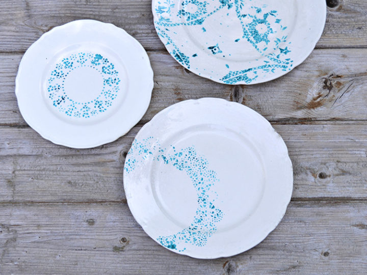 How to make a painted plate by using a doily as a stencil. Great way to add new life to old crockery.