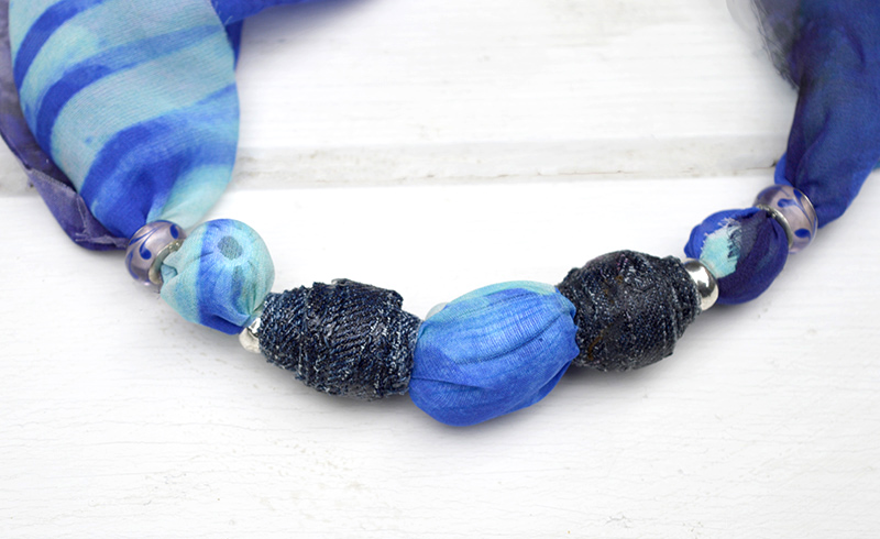 DIY Jewelry upcycling old scarfs, also making your own denim beads. Full tutorial