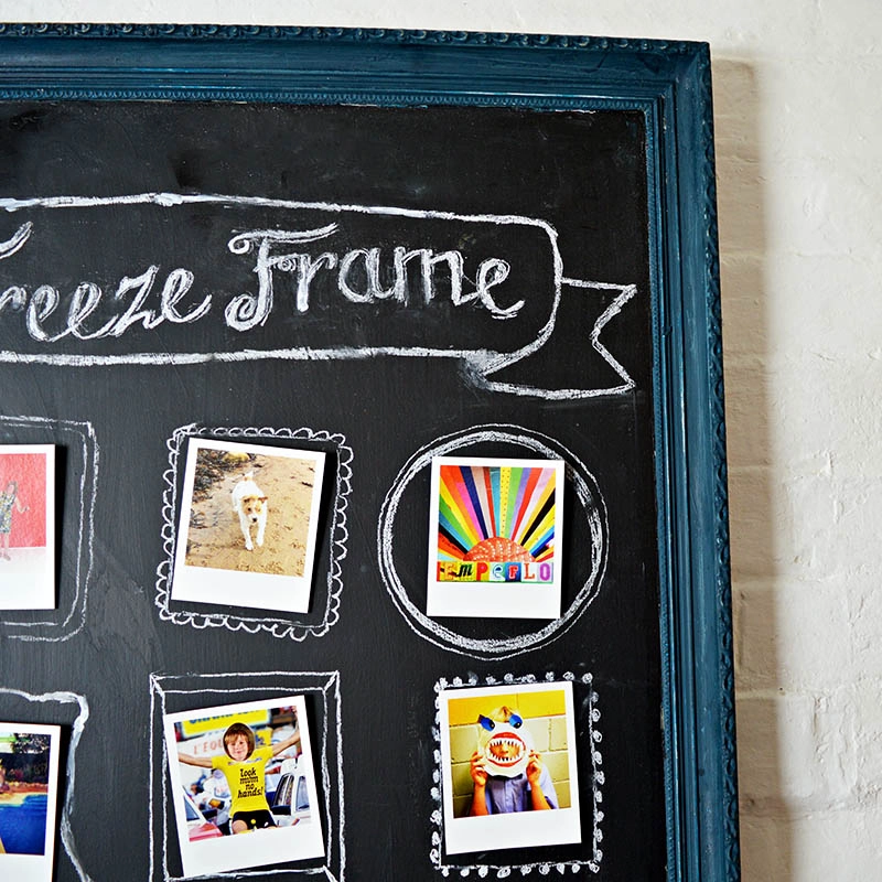 Create a fun easy way to show off your photos with this upcycled chalkboard frame.