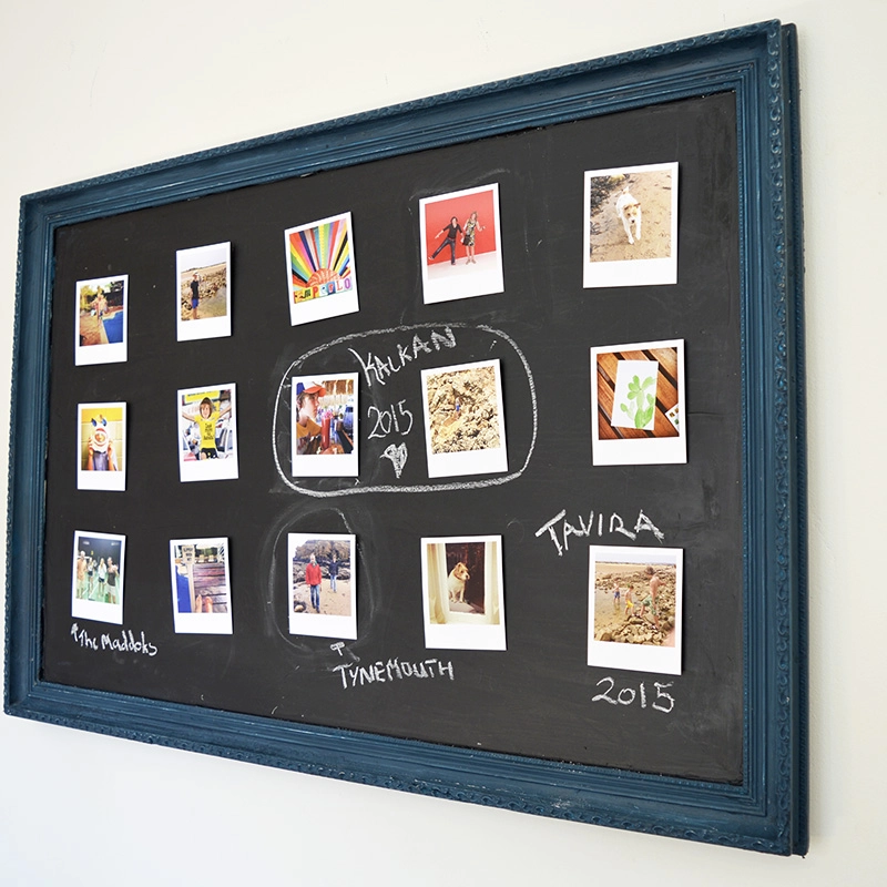 Upcycled old art into chalkboard photo frame.  Use velcro sticky dots to easily move the photos around.