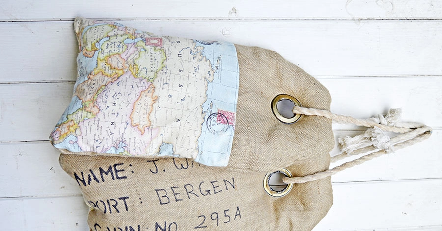 Map burlap pillows- Made to look like a luggage tag can be personalised.