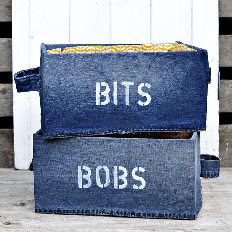 Unique Denim DIY Storage Box for your "Bits and Bob". Ikea Pingla hack with stenciling. Very easy to make fabric attached with spray adhesive.