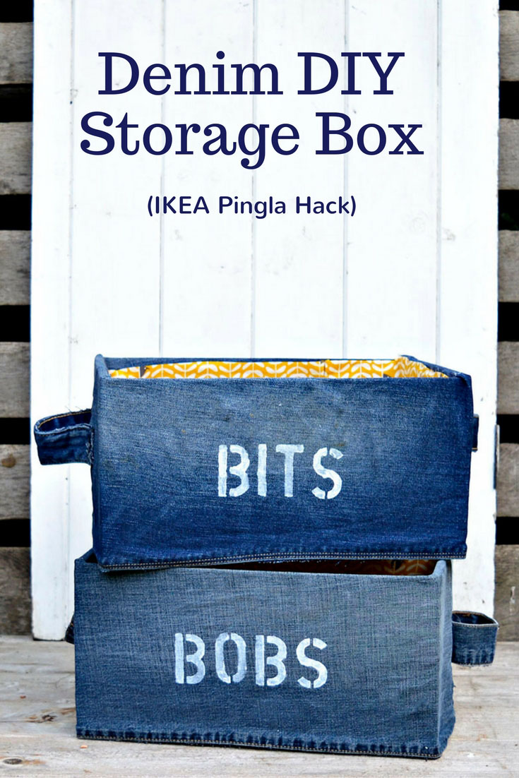 Fun Denim DIY Storage Box for your "Bits and Bob". Ikea Pingla hack with stenciling. Very easy to make fabric attached with spray adhesive.