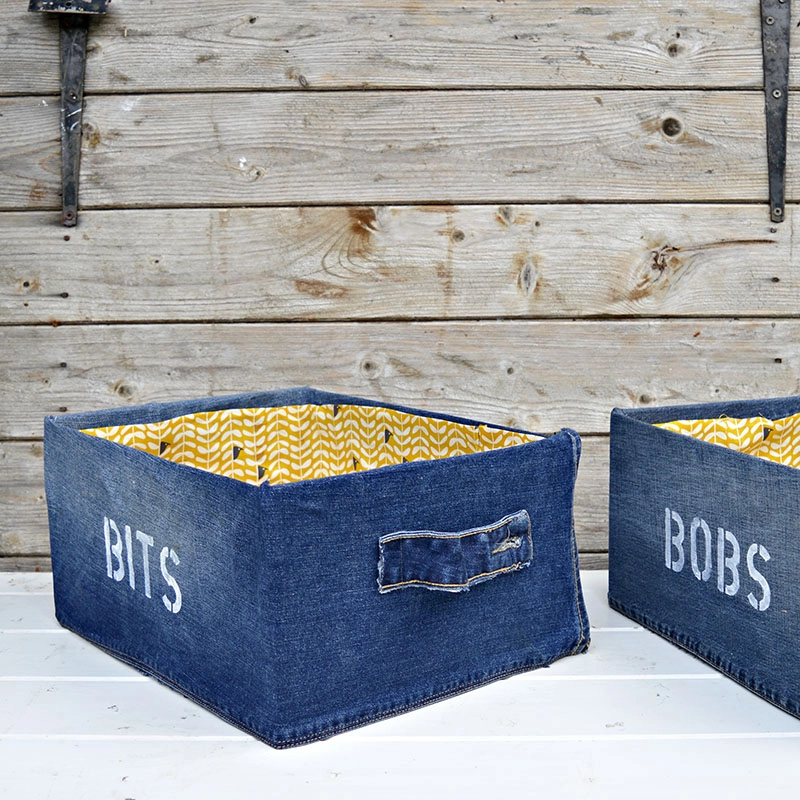 Unique and fun Denim DIY Storage Box for your "Bits and Bob". Ikea Pingla hack with stenciling. Very easy to make fabric attached with spray adhesive.