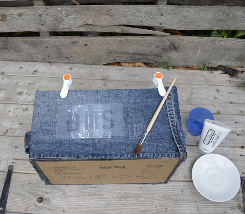 Stenciling DIY denim storage boxes