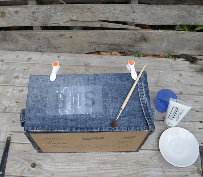 Stenciling DIY denim storage boxes