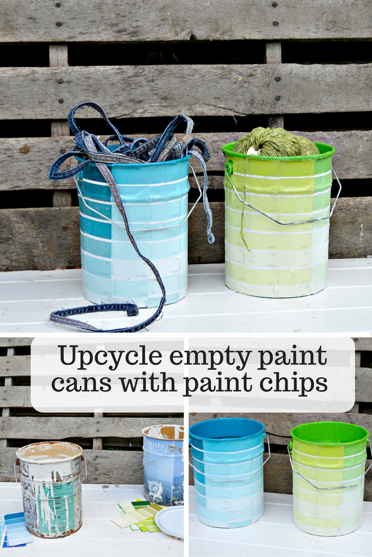 Make some fun craft storage by upcycling your empty paint cans with paint chips.