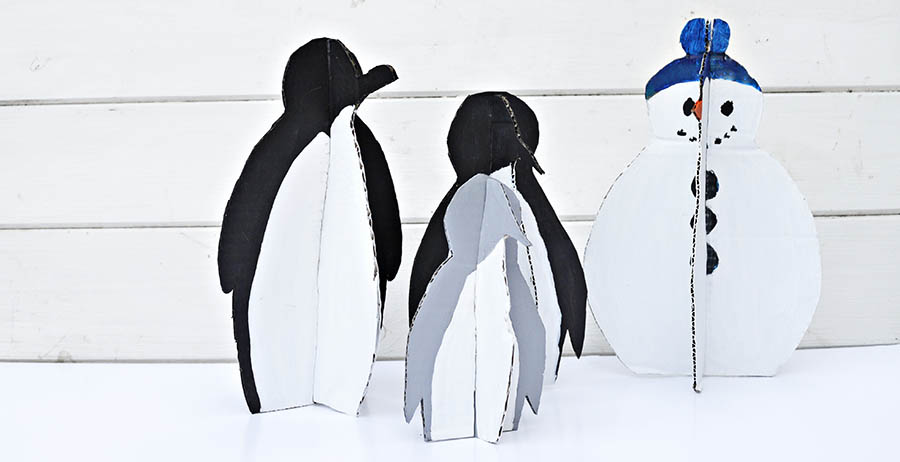 Upcycle your Christmas boxes, by making your own DIY Christmas decorations. You can make your own penguin family and snowman.