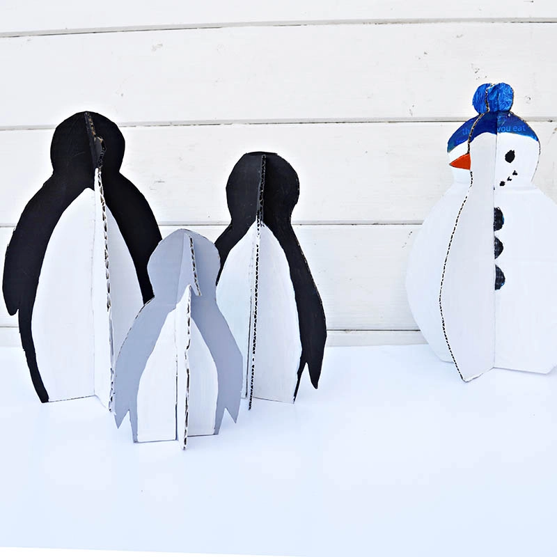 Upcycle all that Christmas packaging, by making your own DIY Christmas decorations.  You can make your own penguin family and snowman.