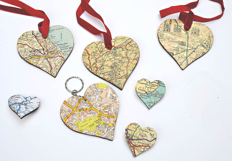 DIY map heart ornament, keyring and brooches.  Great for a handmade personalised gift.