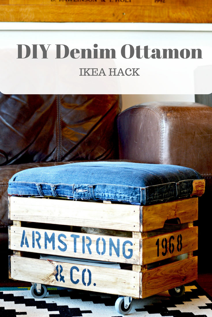 Make a nifty DIY Ottoman from an Ikea Crate and an old pair of jeans.  Handy bit of storage too which can be personalized by stenciling your name.